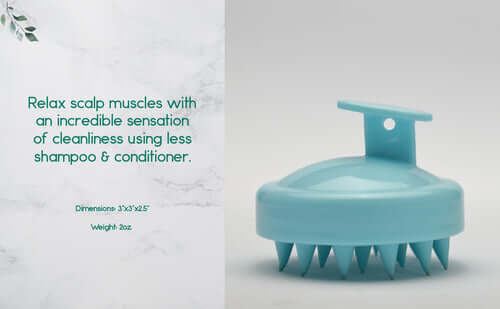 Hair Scalp Massager showcasing scalp massage benefits for relaxation and cleanliness, made from soft silicone.