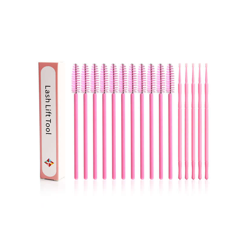 Set of pink disposable mascara spoolies and micro brushes with Lash Lift Tool packaging