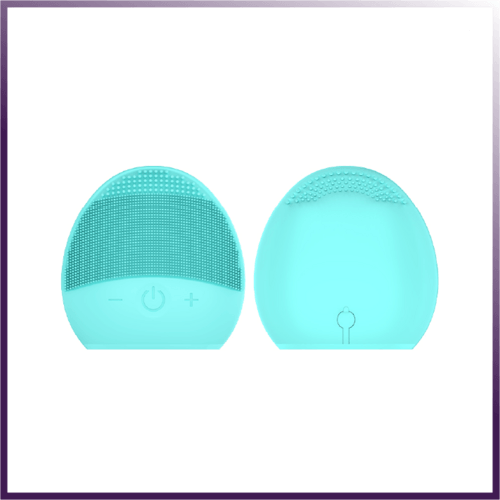 Front and back view of a light blue silicone facial cleansing brush.