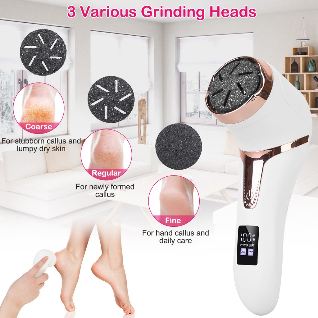 Electric foot callus remover with three replaceable grinding heads: coarse, regular, and fine.