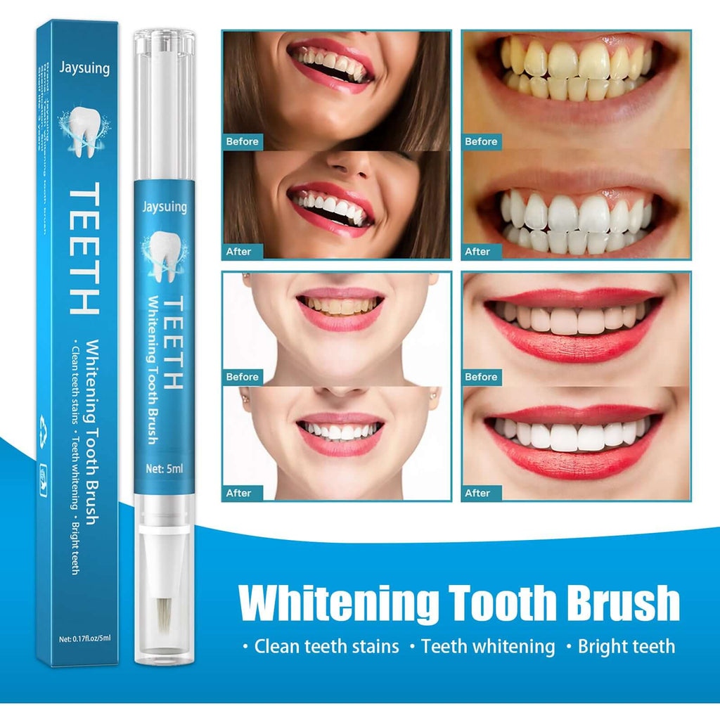Jaysuing Whitening Tooth Brush pen with before and after teeth whitening results.
