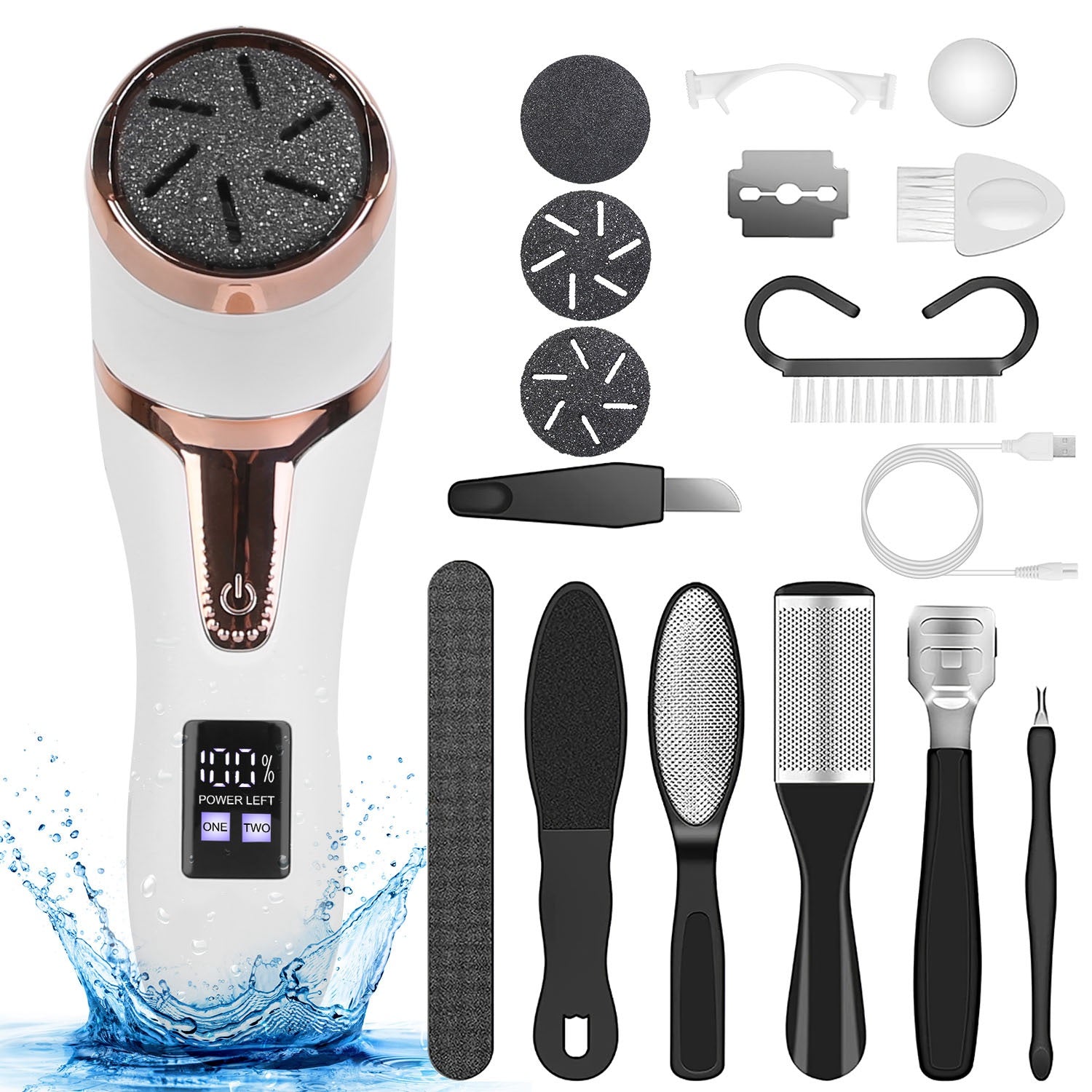 Electric callus remover kit with replacement rollers and pedicure tools for foot care.
