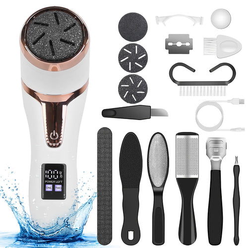 Electric callus remover kit with replacement rollers and pedicure tools for foot care.