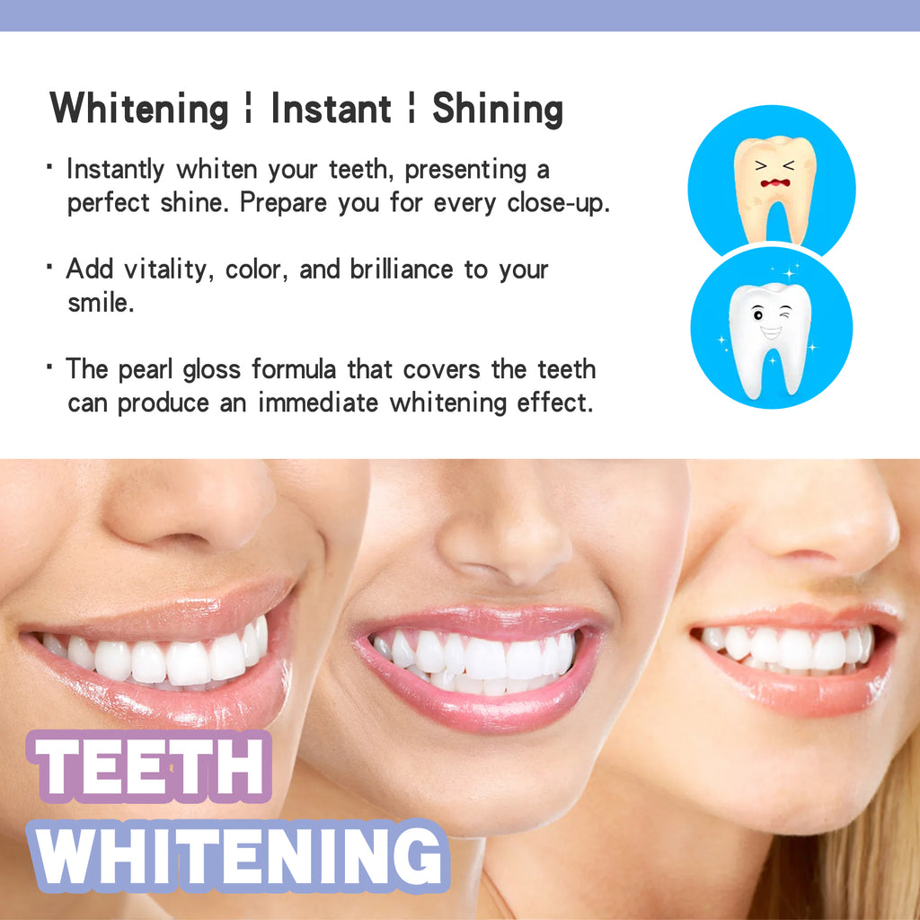 Teeth whitening product advertisement showing before and after results for a brighter smile.