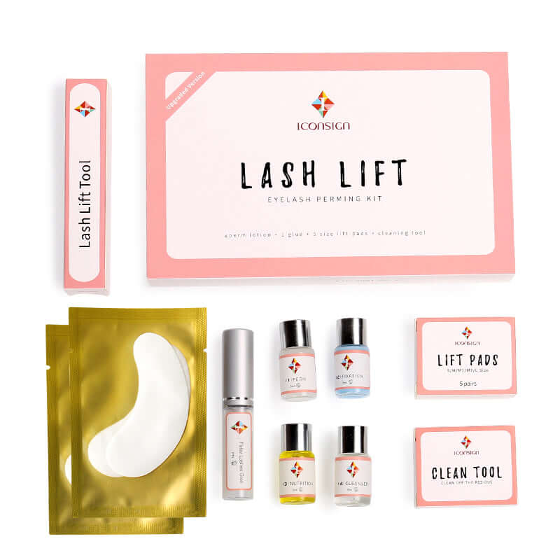 ICONSIGN Lash Lift Eyelash Perming Kit with lotions, glue, lift pads, and cleaning tools.