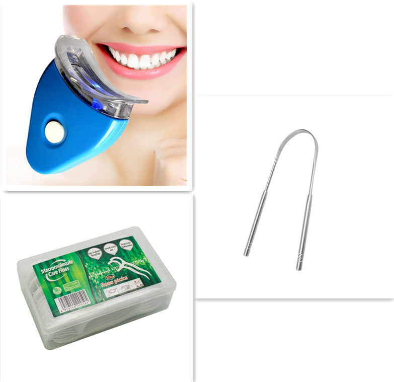 Dental hygiene kit featuring a water flosser, interdental brush, and dental floss pack.