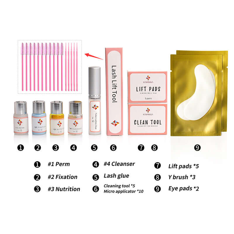Comprehensive eyelash lift kit with perm solution, lash glue, lift pads, and cleaning tools.