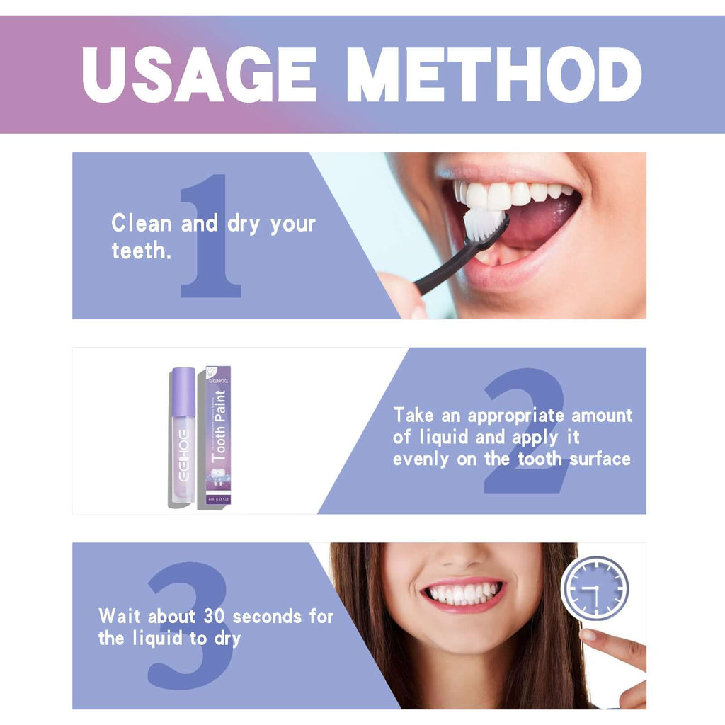Three-step usage guide for Tooth Paint whitening liquid with instructional photos.