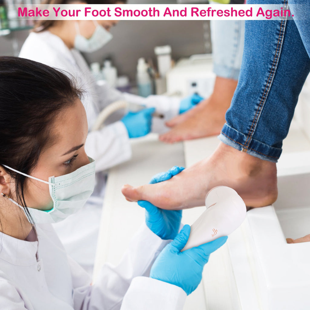 Professional podiatrist using a foot care tool for a pedicure treatment.