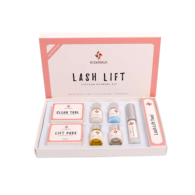 Iconsign Lash Lift Eyelash Perming Kit with lotions, lift pads, and tools in a pink box