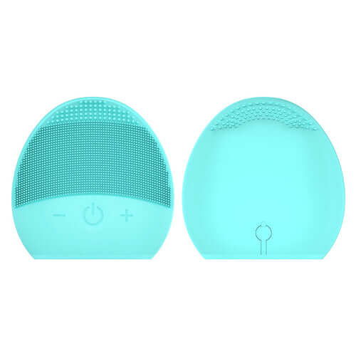 Front and back view of a turquoise silicone facial cleansing brush