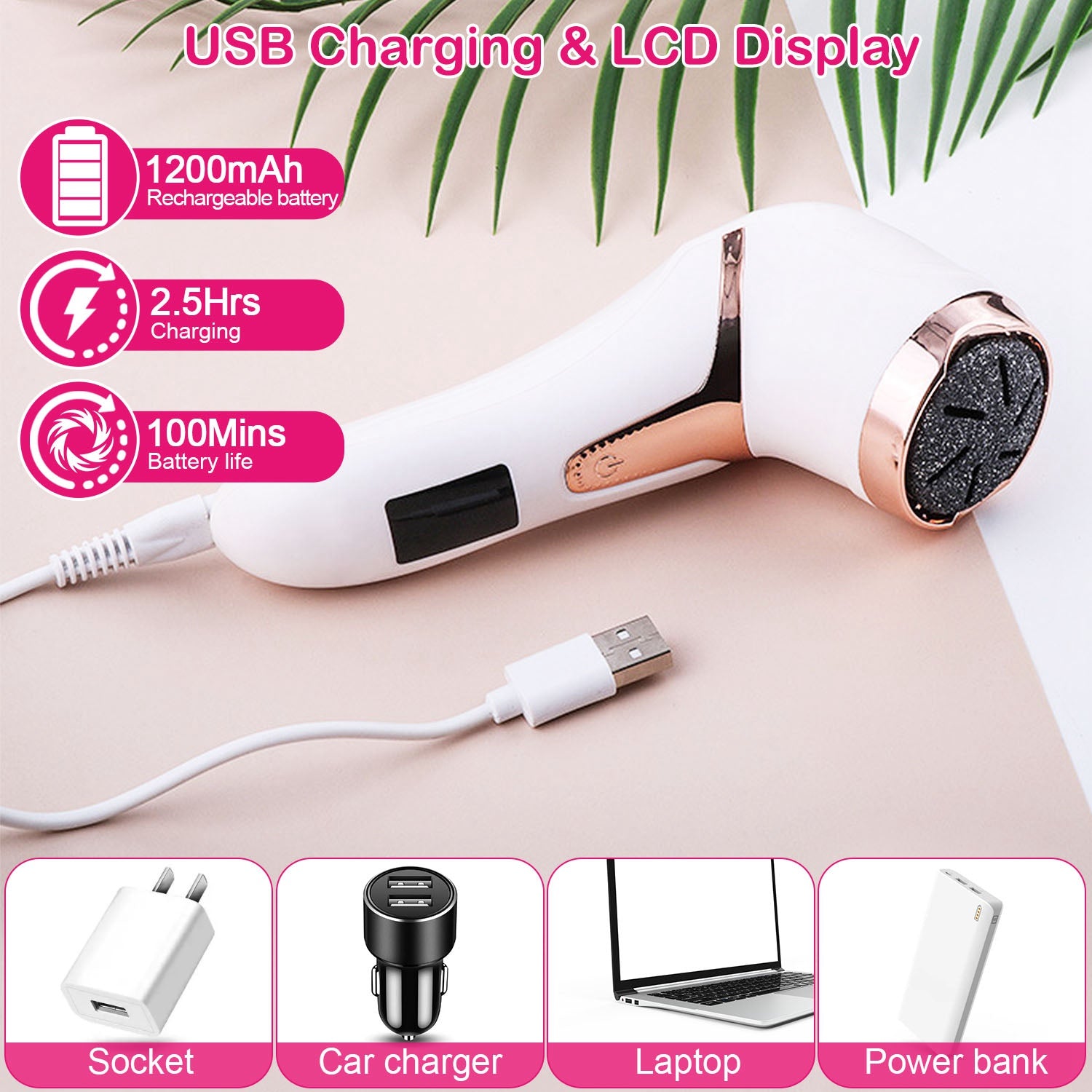 White rechargeable fabric shaver with USB charging cable and multiple power source options.