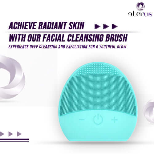 Turquoise facial cleansing brush for deep skin cleansing and exfoliation.