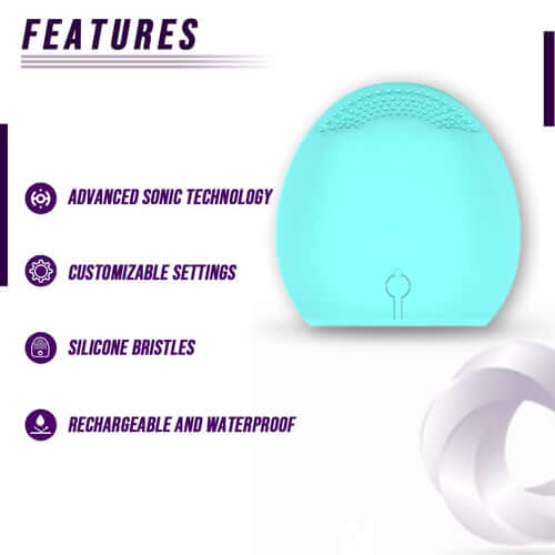 Light blue sonic facial cleansing brush with silicone bristles and listed features.