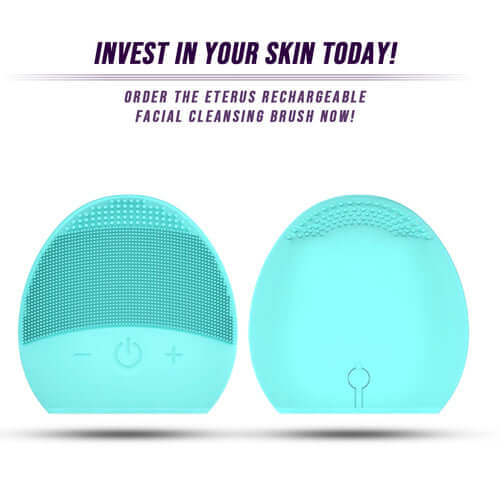 Front and back views of a turquoise rechargeable facial cleansing brush
