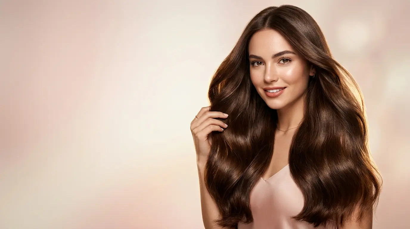Woman with long, shiny, voluminous brunette hair posing against a soft neutral background.