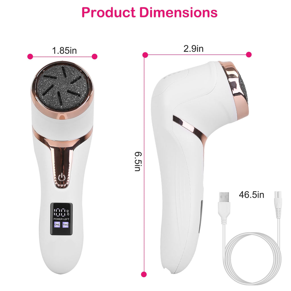 White and rose gold handheld hair removal device with dimensions and charging cable.