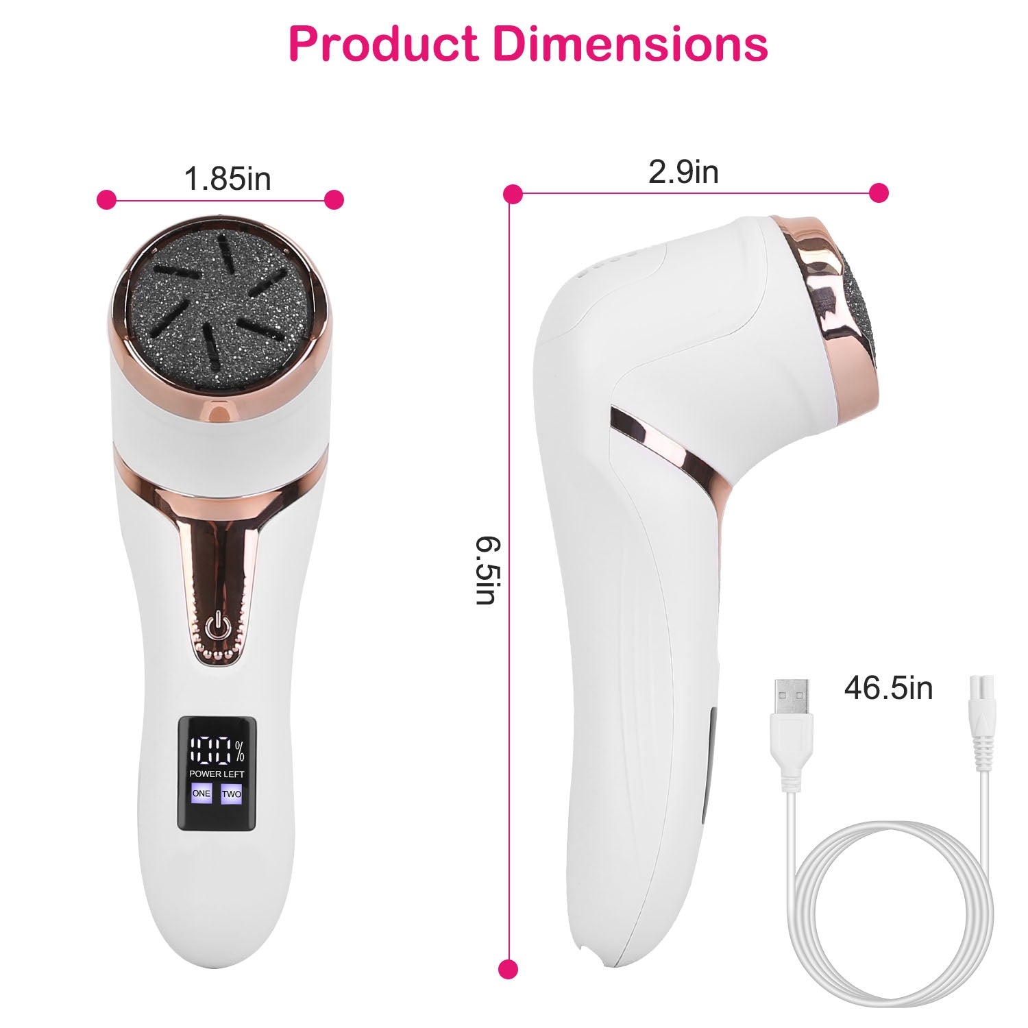 White and rose gold handheld hair removal device with dimensions and charging cable.