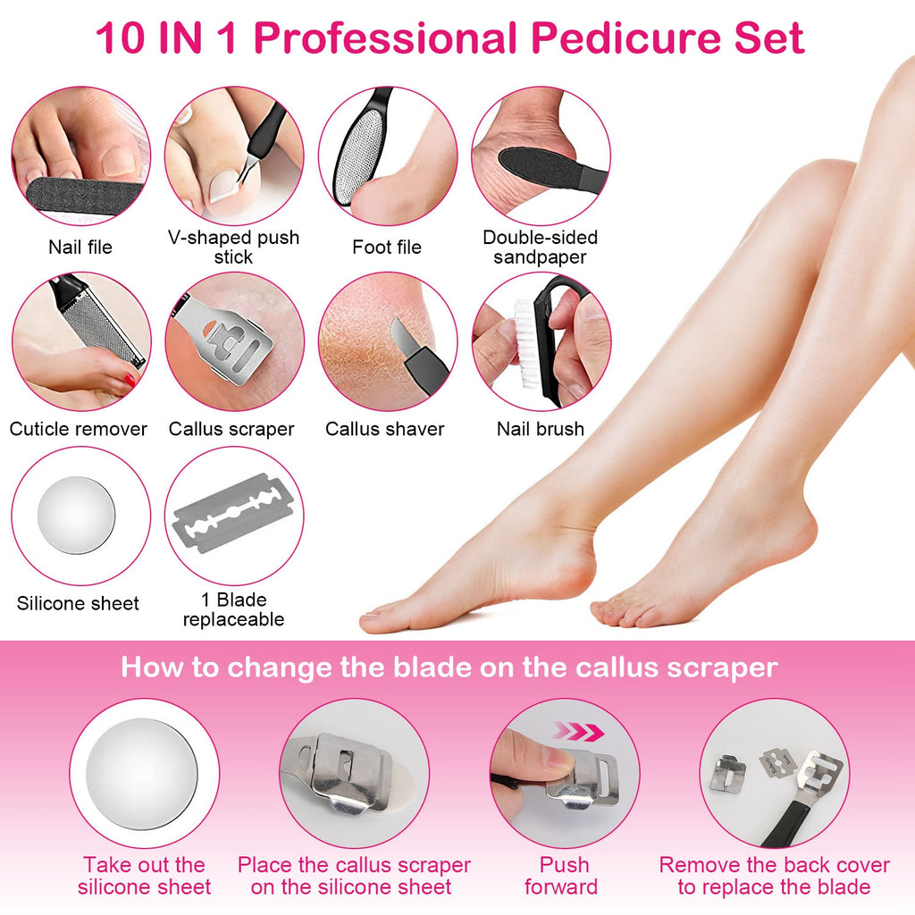 10-in-1 professional pedicure set featuring callus shaver, foot files, and nail care tools.