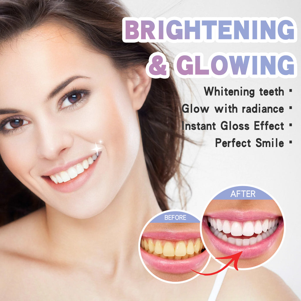 Woman with a bright smile showcasing a teeth whitening before and after comparison.