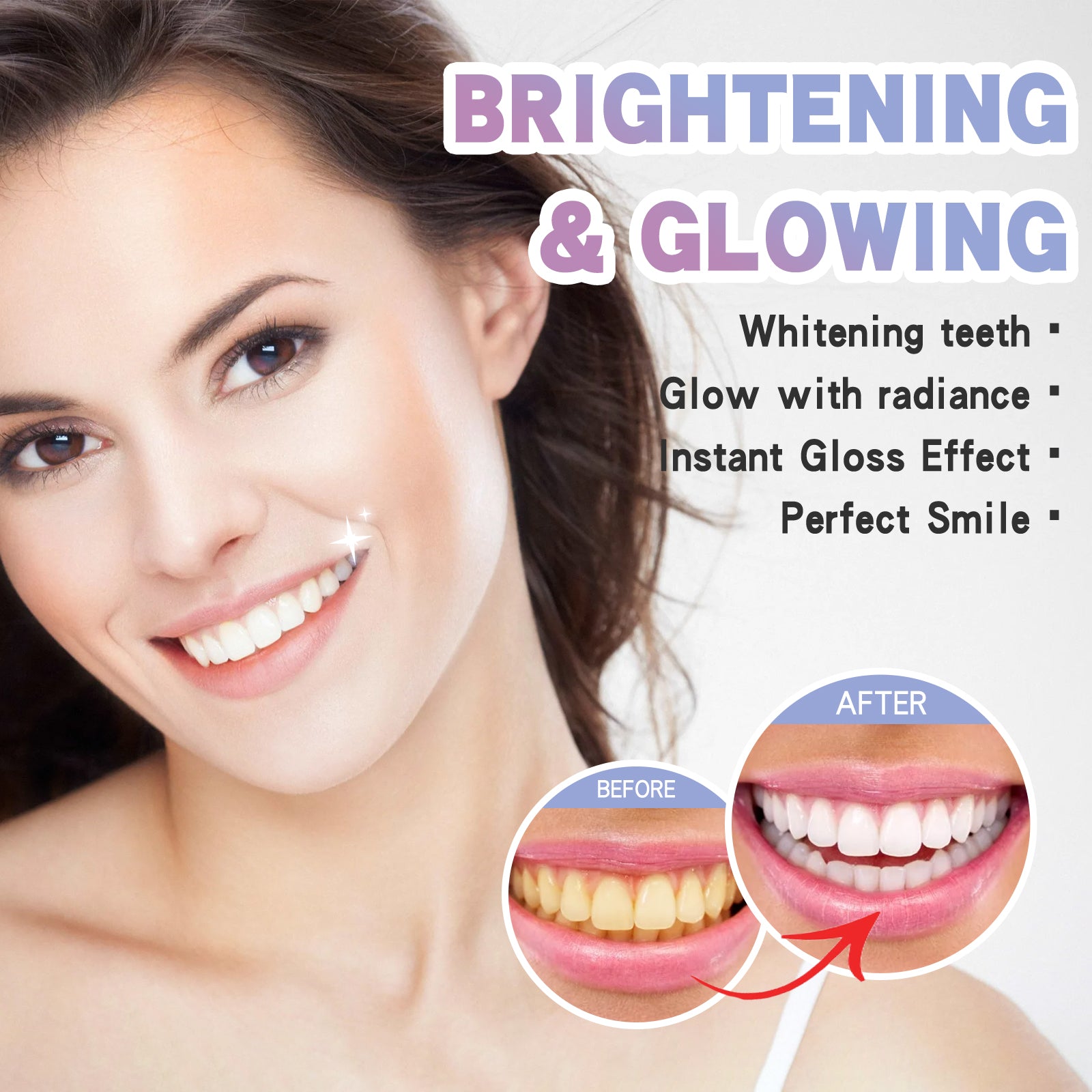Woman with a bright smile showcasing a teeth whitening before and after comparison.
