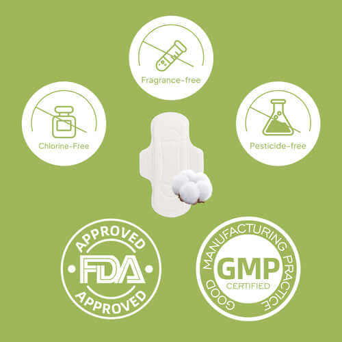 Cotton panty liner with icons for fragrance-free, chlorine-free, pesticide-free, FDA and GMP certified.