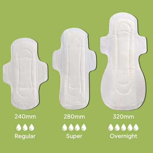 Three sizes of sanitary pads: Regular (240mm), Super (280mm), and Overnight (320mm).