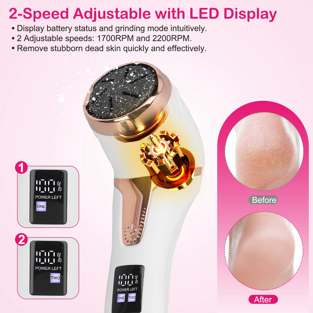 Electric foot callus remover with LED display showing battery and 2-speed settings.