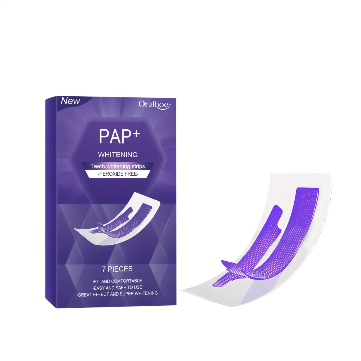 Purple teeth whitening strips box and strip